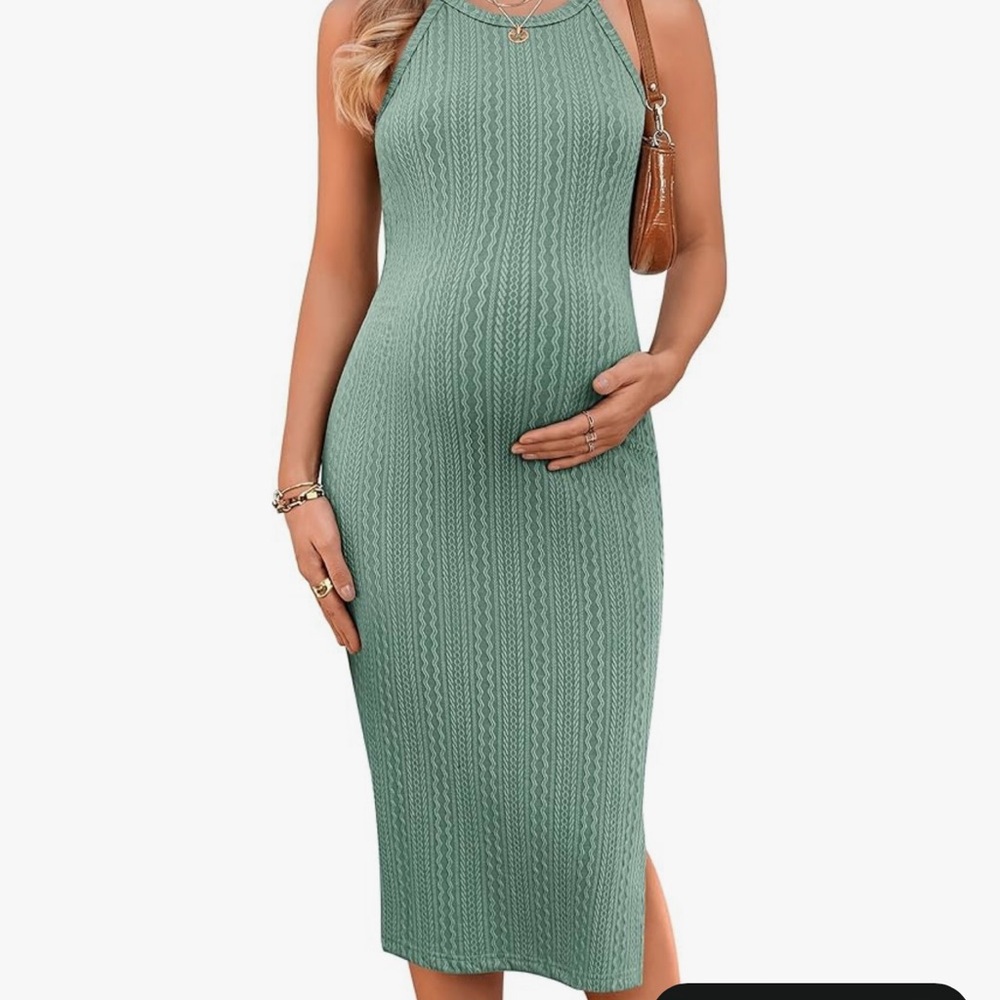 Ribbed Knit Halter Maxi Maternity Dress - Sage Green